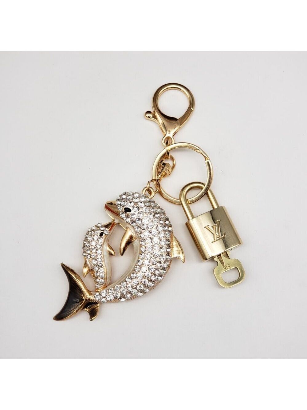LV Gold Padlock Authentic 🔑 Luxury Bag Charm w/ Unbranded Dolphin Keychain